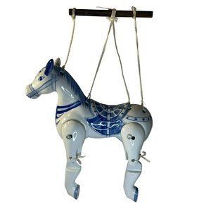 Vintage Handpainted Ceramic Articulated Horse Marionette Puppet White Blue